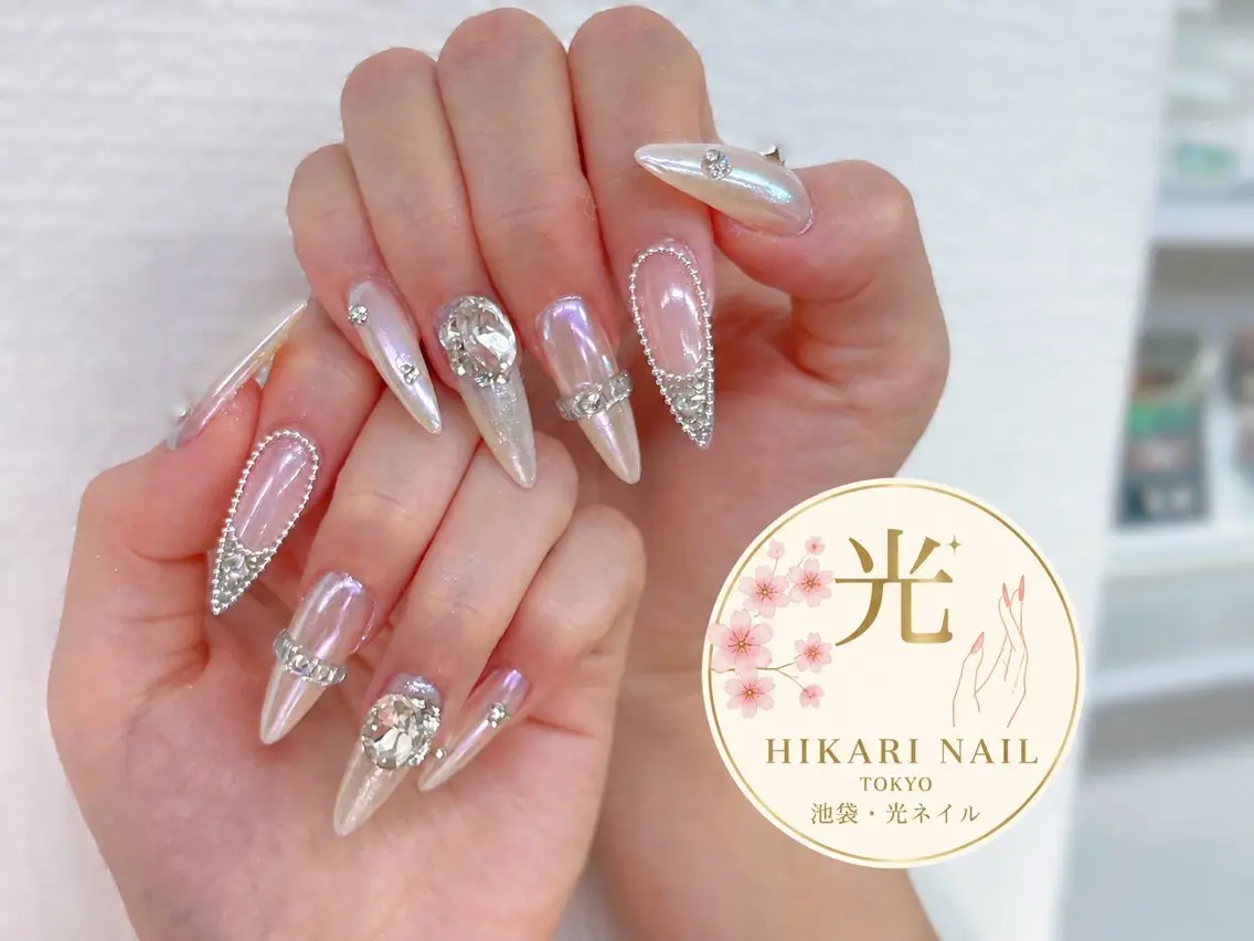 ネイル チークネイル 長さ出し フレンチネイル ガーリー ハート ハンドネイル HikariNail Ikebukuroのネイルデザイン