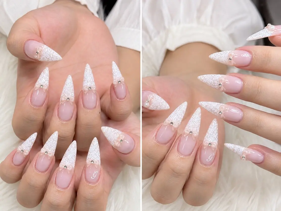 ネイル ガーリー レース ロングネイル 持ち込み ピンク MEO MEO NAIL  守山のネイルデザイン