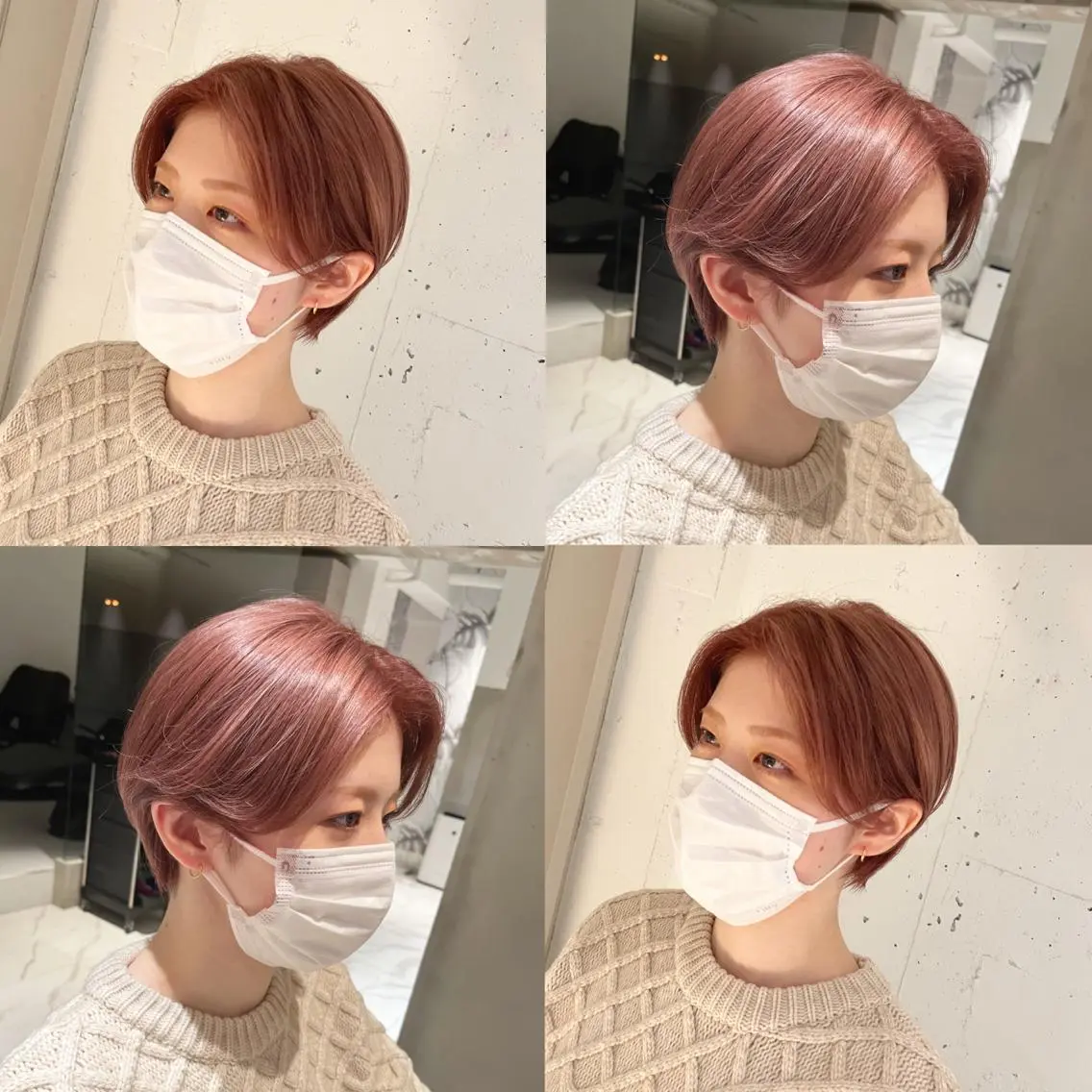 ショート カラー ベージュカラー ハイトーンカラー ピンクカラー ピンクベージュ ショートヘア カット ヘアカラー トリートメント ヘッドスパ ヘアセット カジュアルを女っぽく 𝗮𝘆𝗮𝗰𝗼のヘアスタイル
