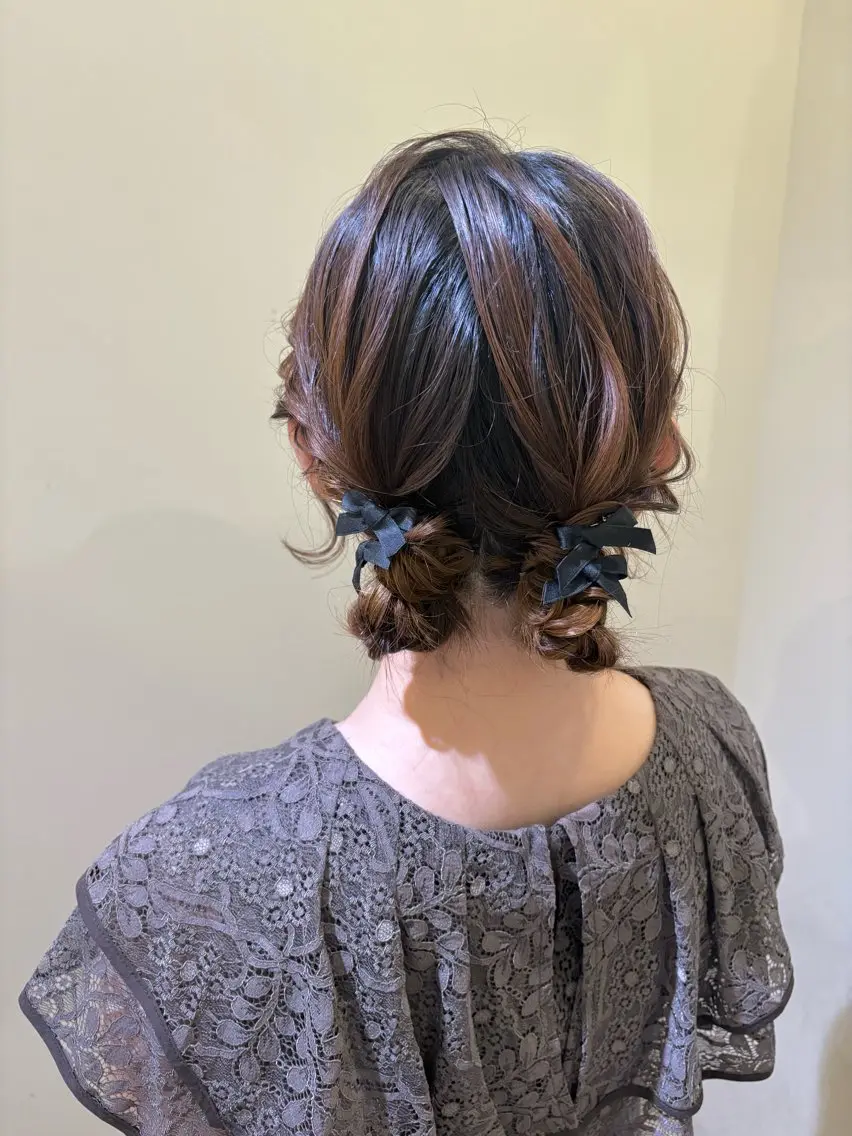 ミディアム ヘアアレンジ お団子ヘア ヘアセット ボウ🪞ヘアセット /メイク/マツパのマツエク・マツパデザイン