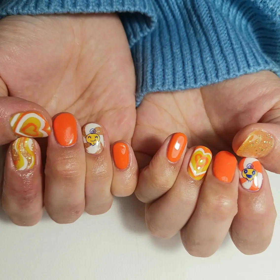 ネイル ジェルネイル ハート 持ち込み オレンジ 春ネイル ハンドネイル owlnail /持込みデザイン専門のネイルデザイン