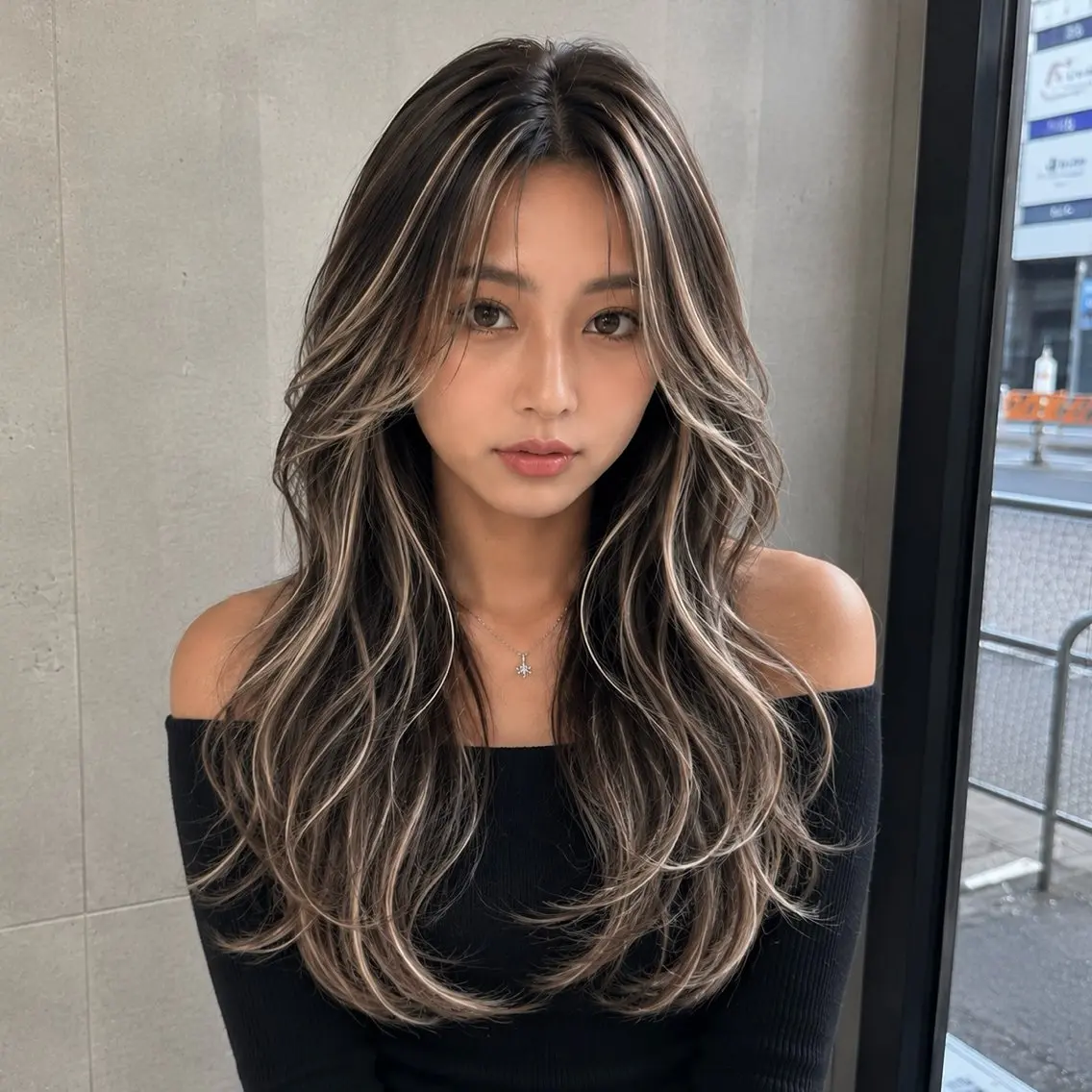 ロング 顔まわりレイヤー 顔周りカット ハッシュカット 韓国風ヘア レイヤーカット ヘアカラー トリートメント ハイトーン/レイヤー カット/TAKEのヘアスタイル
