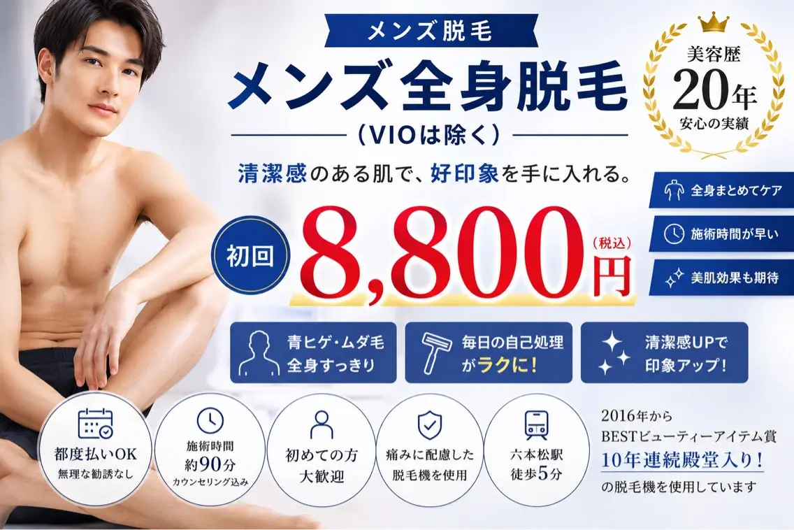 ✨全身まとめてお得✨メンズ全身脱毛(VIO除く)初回8,800円の写真