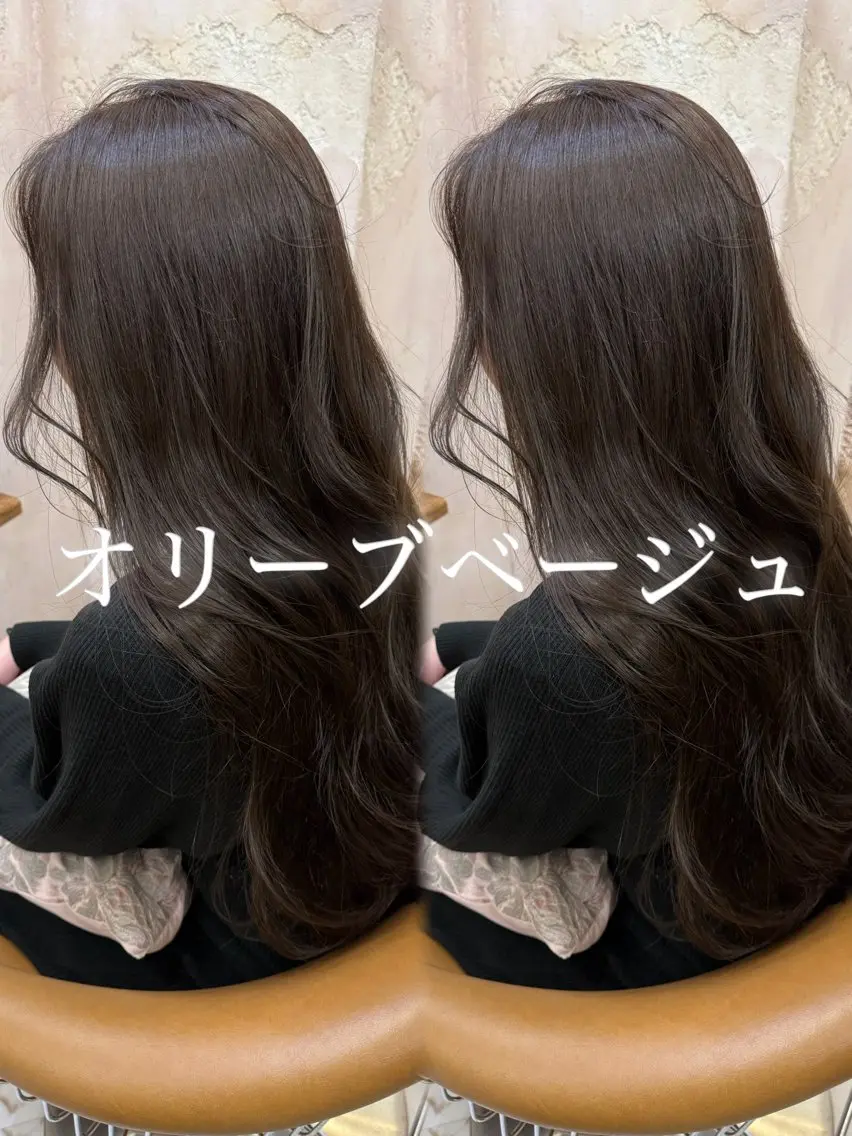 ロング カラー ヘアアレンジ ベージュカラー ブリーチ 透明感カラー ブリーチなしカラー オリーブベージュ みっちー/縮毛矯正/ 艶カラーのヘアスタイル