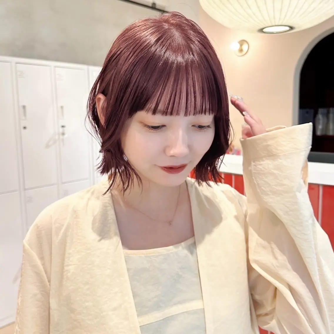 ミディアム ピンクブラウン ボブ レイヤーカット カット ヘアカラー トリートメント ヘアセット 🧸🫧暖色/ボブ/ 橋本美柚🫧🧸のヘアスタイル