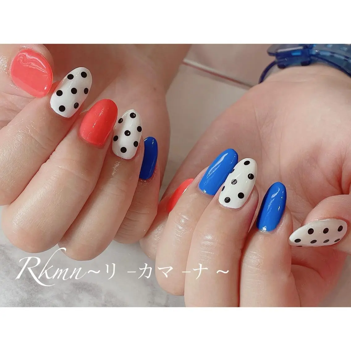 ネイル アートネイル ブルー ドット オレンジ 春ネイル ハンドネイル フットネイル ハンドケア Rkmn ~リ-カマ-ナ~のネイルデザイン