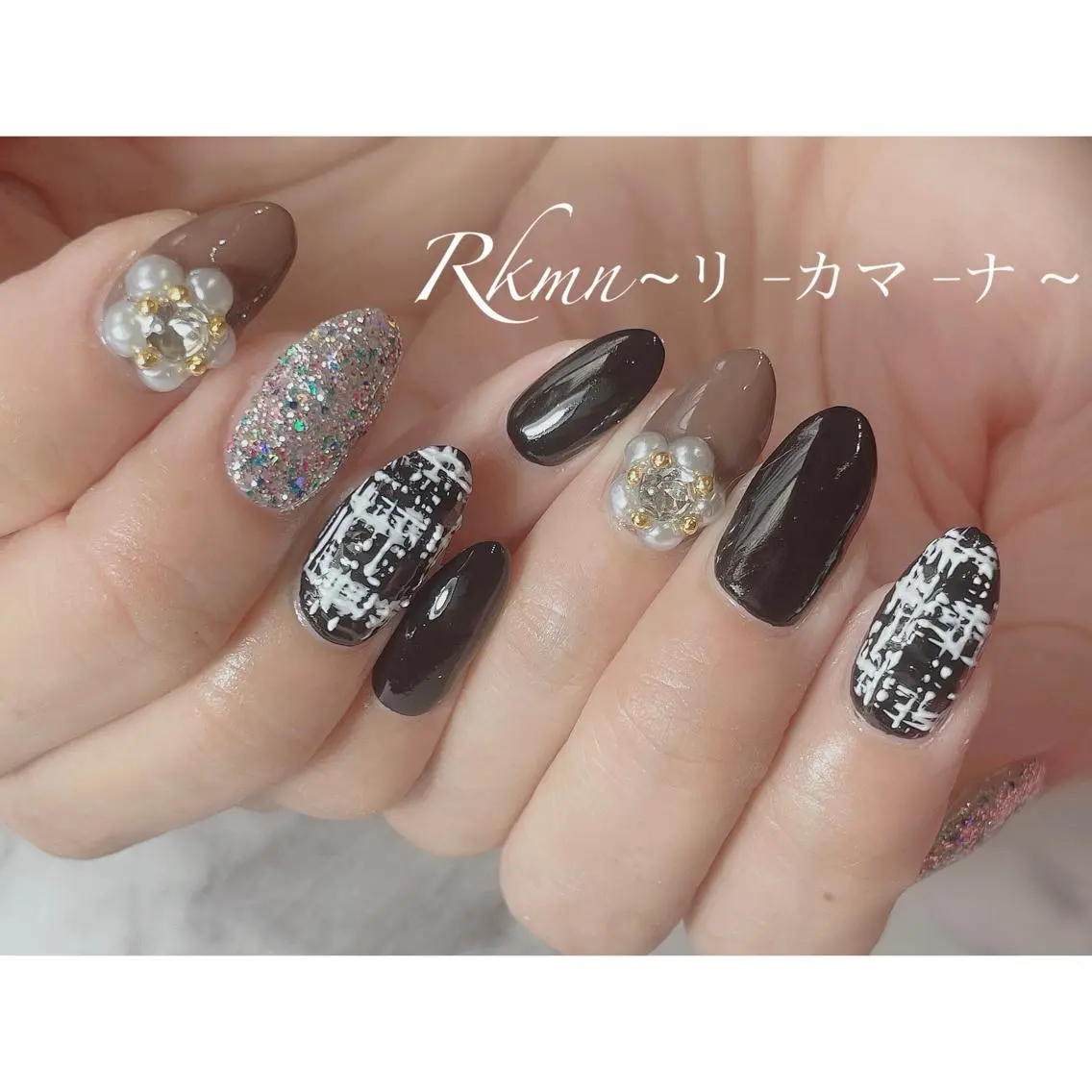 ネイル アートネイル ブラウン フラワーネイル ラメ(グリッター) 春ネイル ハンドネイル フットネイル ハンドケア Rkmn ~リ-カマ-ナ~のネイルデザイン