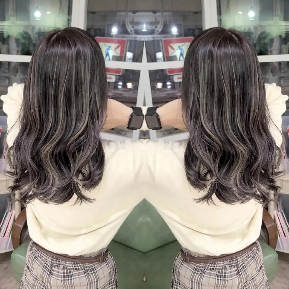 セミロング カラー アッシュ アッシュグレー バレイヤージュ ベージュカラー ブリーチ カット ヘアカラー トリートメント バレイヤージュ/ ハイライト/大内格のヘアスタイル