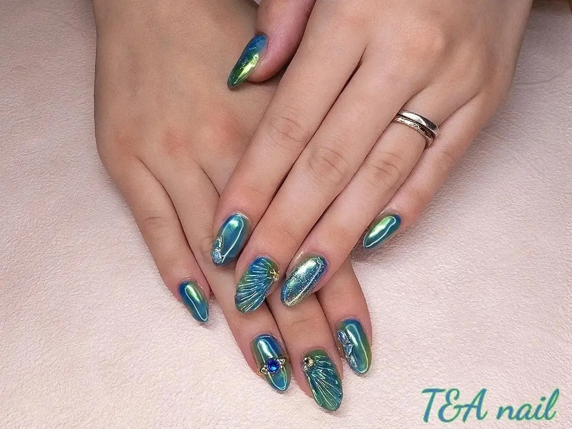 セミロング ネイル 長さ出し 水色 ニュアンスネイル スカルプネイル 夏ネイル T&A nailのネイルデザイン