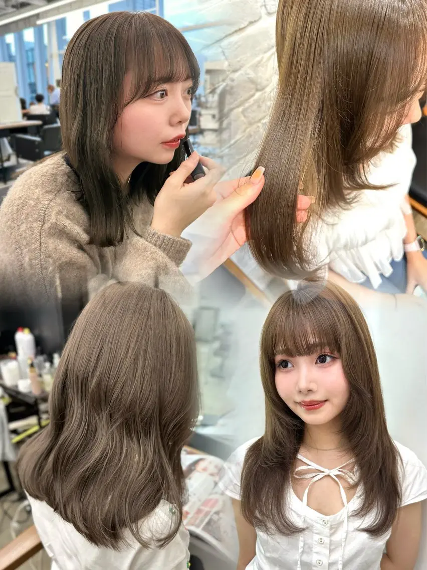 ミディアム カラー ベージュカラー ブリーチ ダブルカラー ブリーチなしカラー オリーブベージュ 盛れる顔周り /透明感/かりん🎀のヘアスタイル