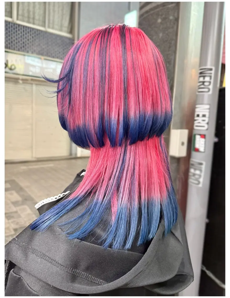 ミディアム カラー ブルーカラー デザインカラー ピンクカラー ウルフカット カット ヘアカラー TSUNO🦖 派手髪/オタク美容師のヘアスタイル