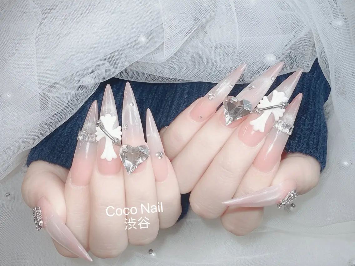 ネイル 成人式 大理石ネイル(マーブル) リボン 夏ネイル ネイルチップ ハンドネイル CoCo Nail 長さ出し専門店のネイルデザイン