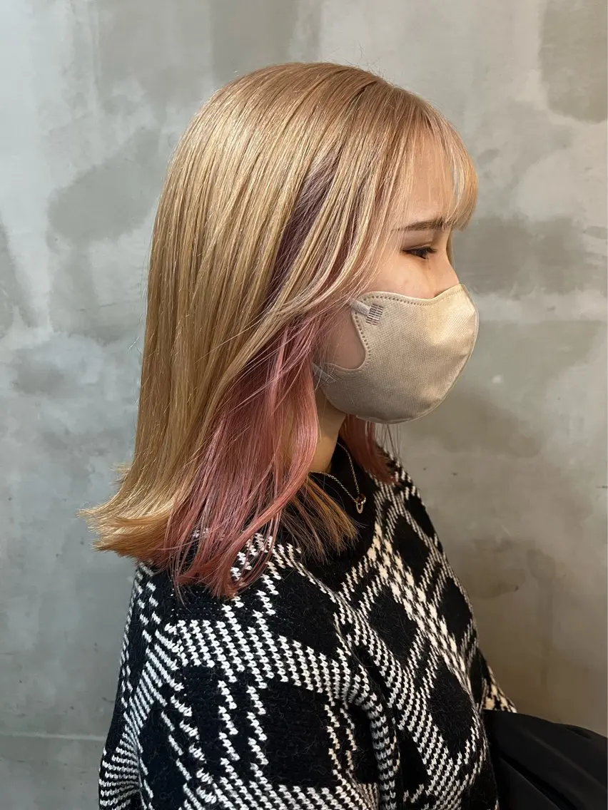 ミディアム カラー ベージュカラー ブリーチ ピンクカラー Zina京都河原町 ｍａｉｋａのヘアスタイル