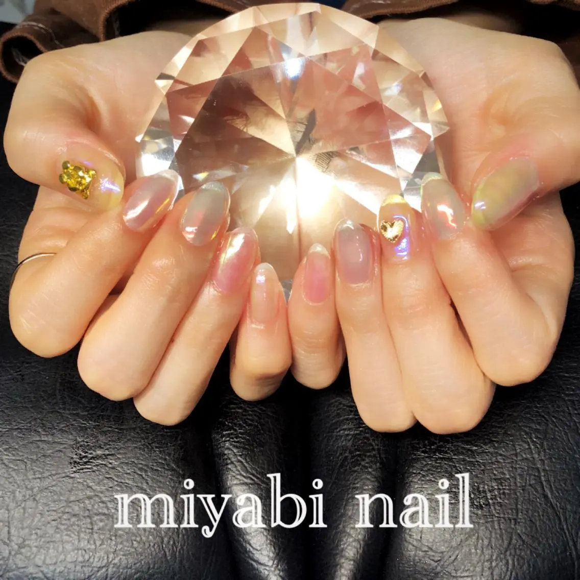 ネイル オーロラネイル ブルー グリーン ハート ミラーネイル ハンドネイル miyabi nail 桂川駅近くのネイルデザイン