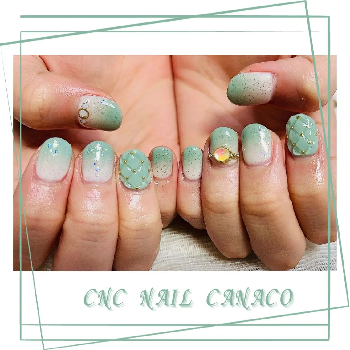 ネイル アートネイル グラデーション グリーン 持ち込み ストーンネイル ベテランネイル cnc  nailのネイルデザイン