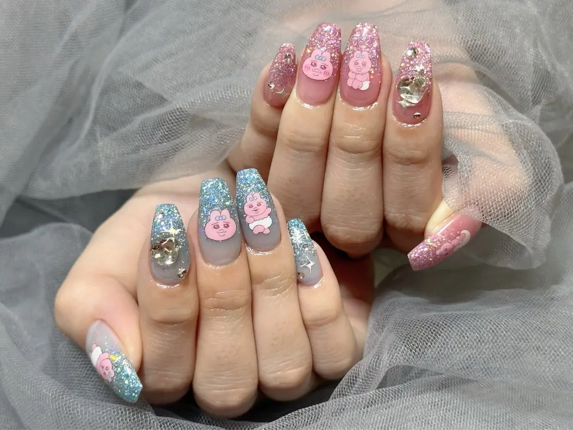 ネイル 水色 ピンク ハンドネイル Nail Salon KURELLYのネイルデザイン