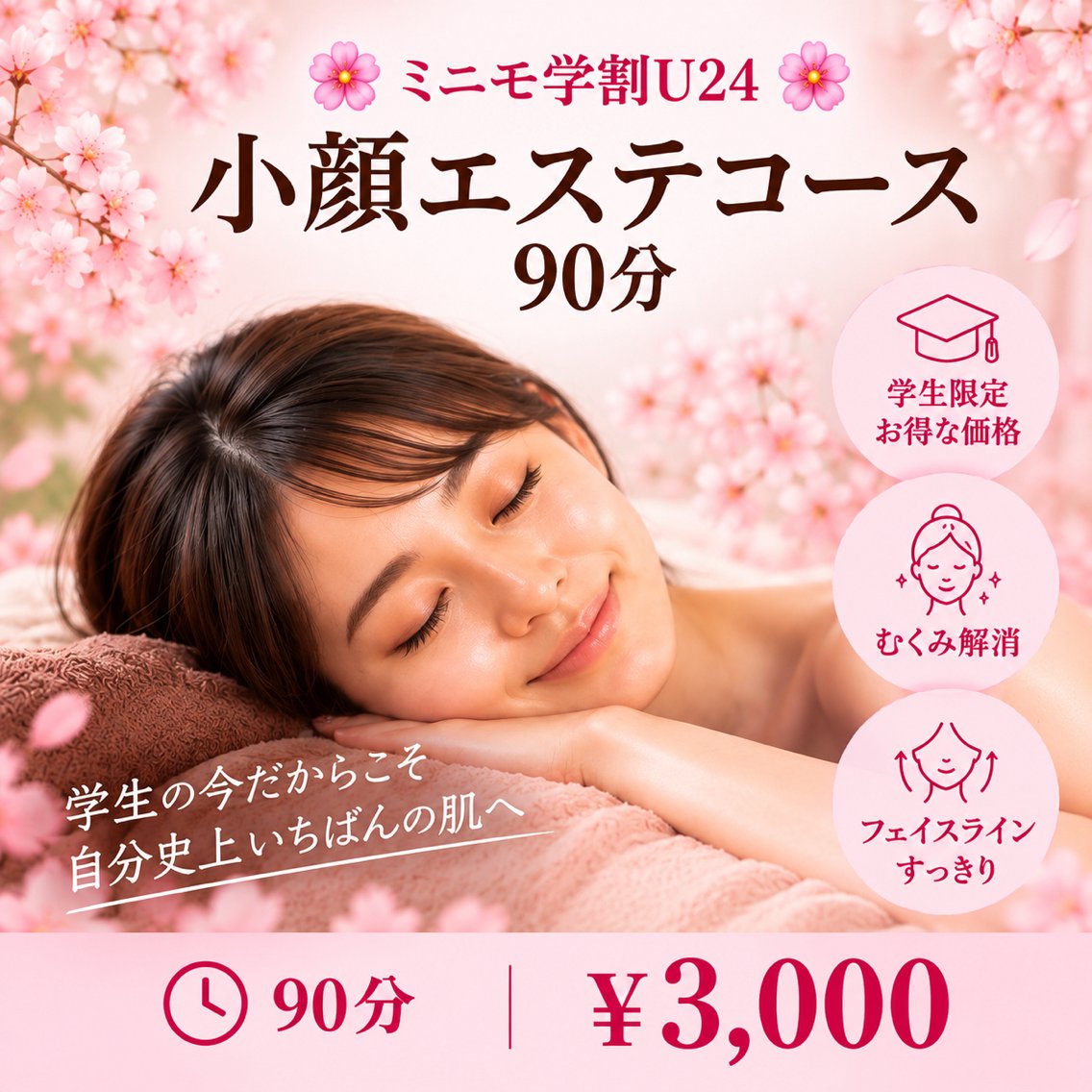 🌸ミニモ学割U24🌸小顔エステコース90分 ▶️¥3,000の写真