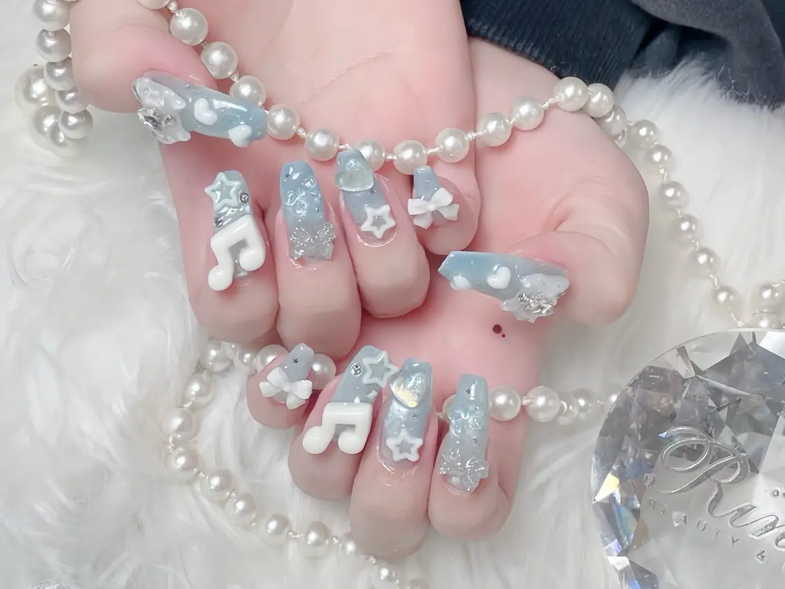 ネイル べっ甲ネイル ブルー 長さ出し フレンチネイル ジェルネイル ハンドネイル ハンドケア Rin Nail 新大久保店のネイルデザイン