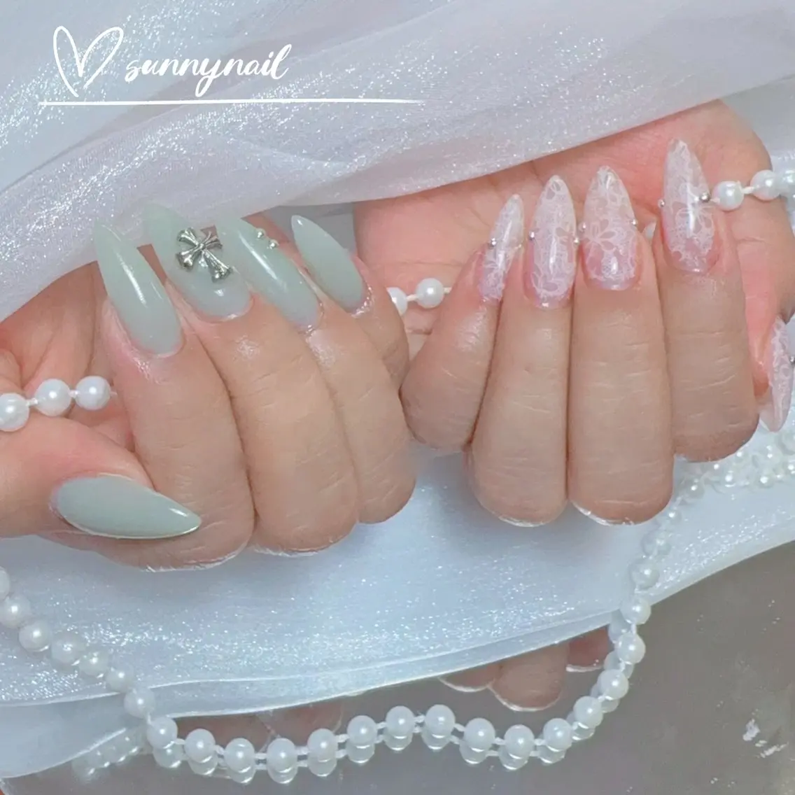 ネイル アートネイル フラワーネイル ガーリー グリーン 韓国ネイル ハンドネイル ハンドケア sunnynail 小桃のネイルデザイン