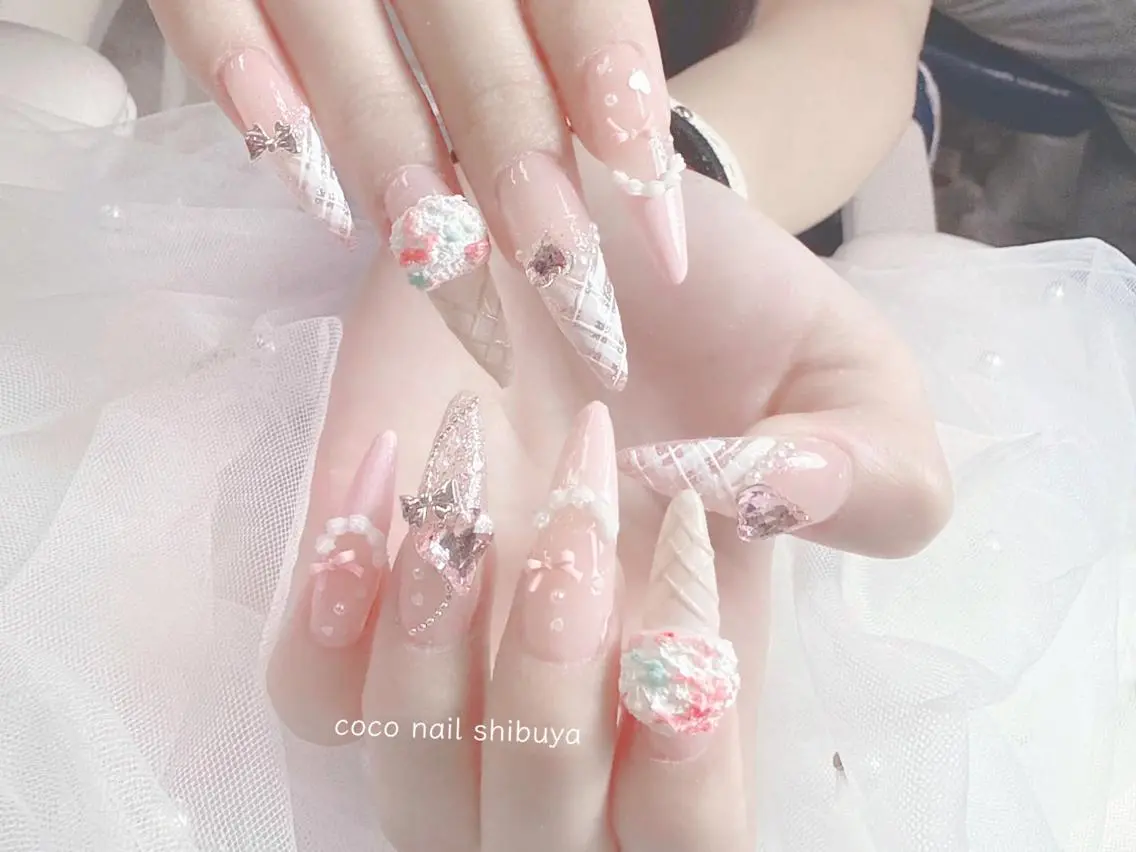 ネイル 成人式 大理石ネイル(マーブル) リボン 夏ネイル ネイルチップ ハンドネイル Min Coco nailのネイルデザイン