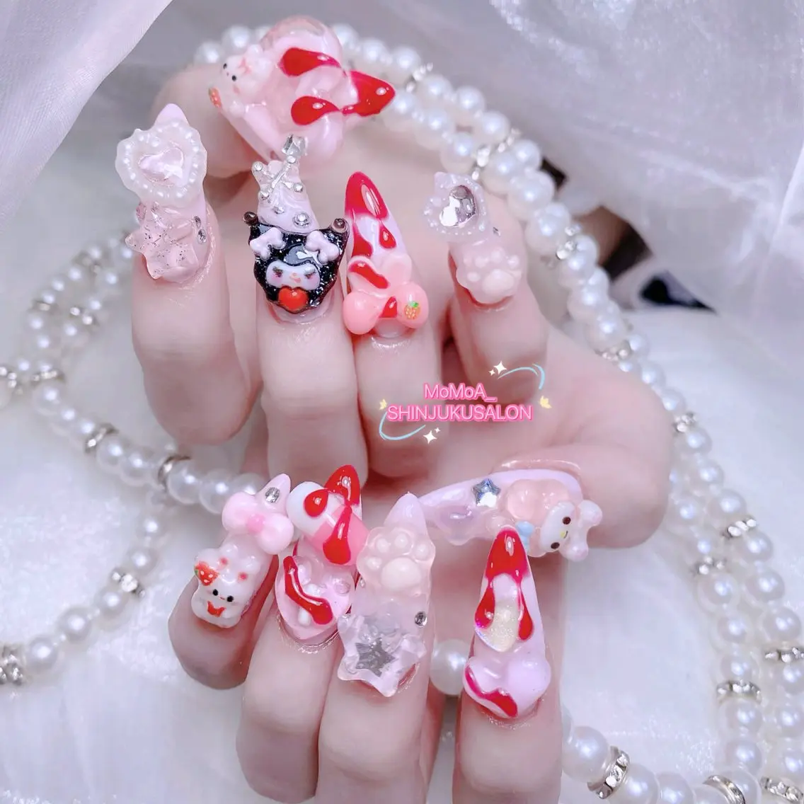 ネイル 成人式 ジェルネイル ロングネイル マグネットネイル 大理石ネイル(マーブル) ハンドネイル MoMoA Nail ネイル長さ出し専門店のネイルデザイン