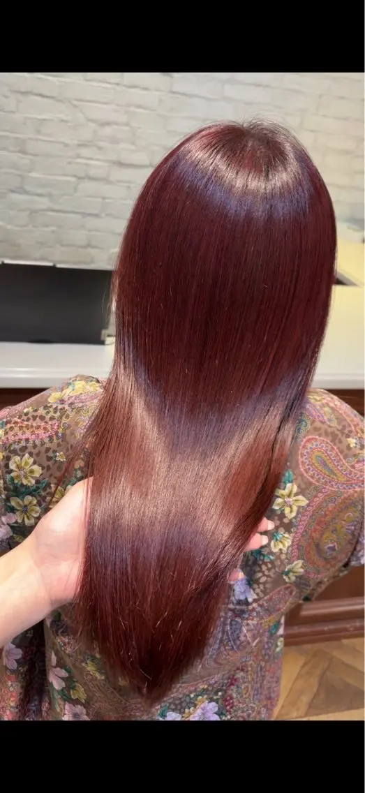 ロング カラー ブリーチ カシス ブリーチなしカラー レッドカラー カット ヘアカラー トリートメント ご新規様限定 透明感カラーKANAのヘアスタイル