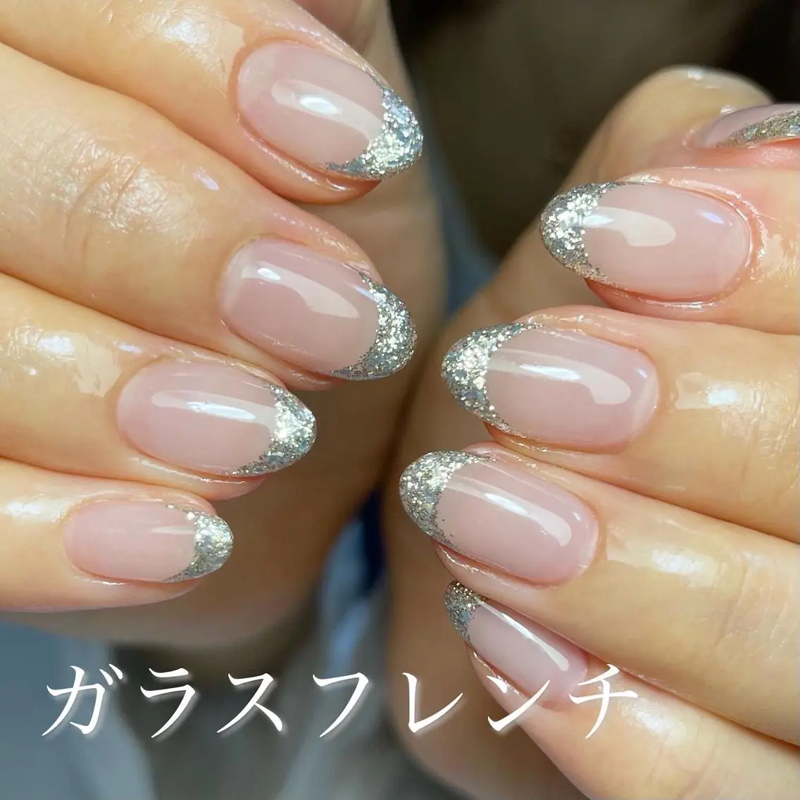 ミディアム ネイル 韓国風ヘア アートネイル フレンチネイル ジェルネイル ガラスフレンチ richeri beautyのその他イメージ