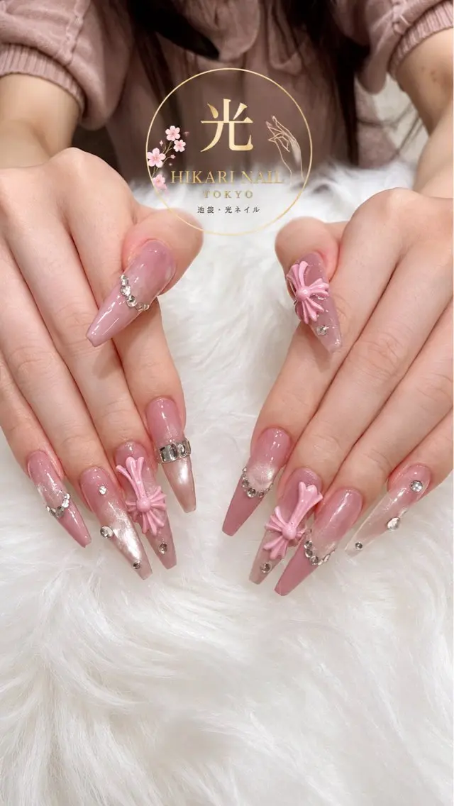 ネイル チークネイル 長さ出し フレンチネイル ガーリー ハート ハンドネイル HikariNail Ikebukuroのネイルデザイン
