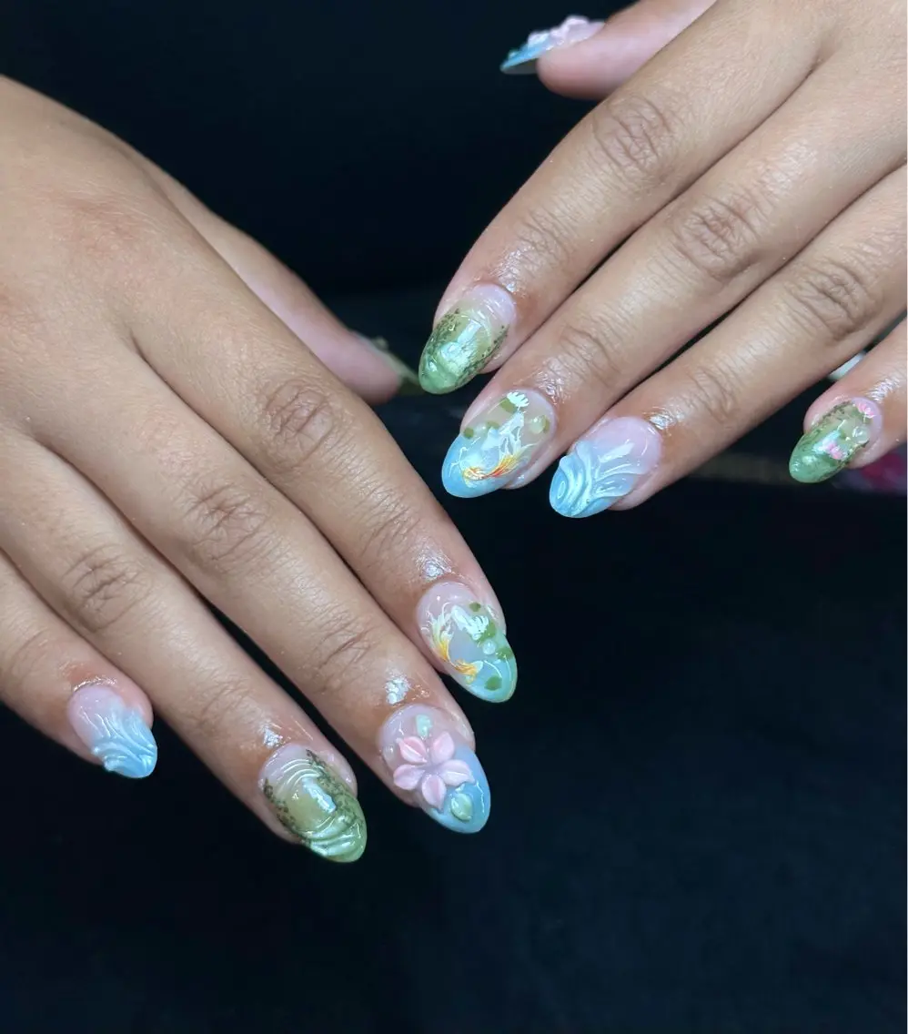 ネイル アートネイル ブルー フラワーネイル ジェルネイル グリーン Iconic Nailのネイルデザイン