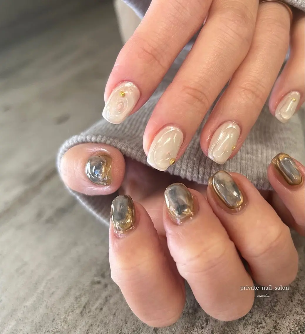 ネイル カジュアル フレンチネイル マグネットネイル ミラーネイル ニュアンスネイル ハンドネイル mocha nailのネイルデザイン