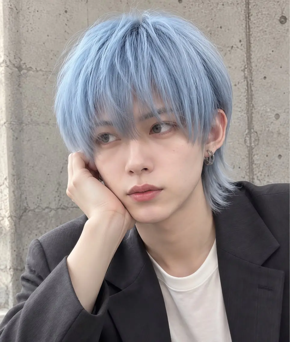 ショート カラー メンズ メンズハイトーン メンズ韓国風 メンズウルフカット ブルーカラー 透明感カラー ヘアカラー メンズ韓国系カラー /YUTAのヘアスタイル