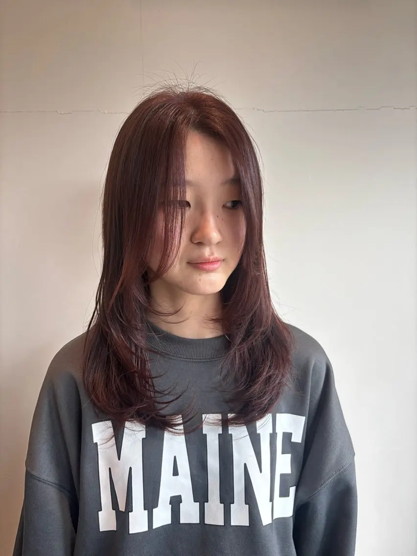 セミロング ピンクブラウン レイヤーカット カット ヘアカラー 竹田 佳奈のヘアスタイル