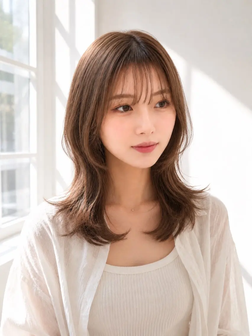 ミディアム 顔まわりレイヤー レイヤーカット 小顔カット カット ヘアカラー レイヤー/顔まわり/ 南草津/ゴトウのヘアスタイル