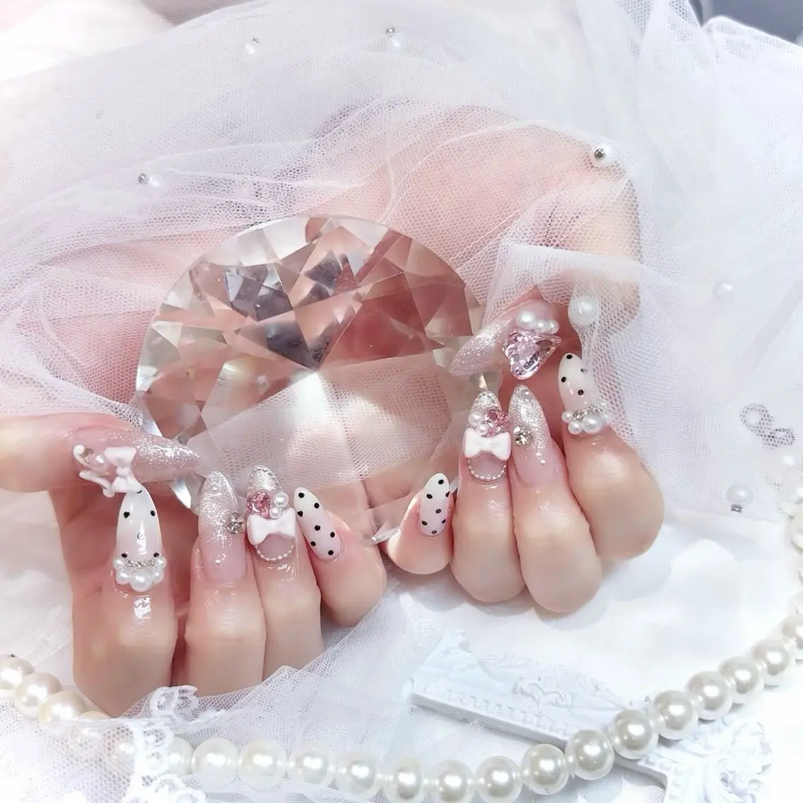ネイル 長さ出し マグネットネイル ピンク リボン 春ネイル ハンドネイル YURI NAILのネイルデザイン