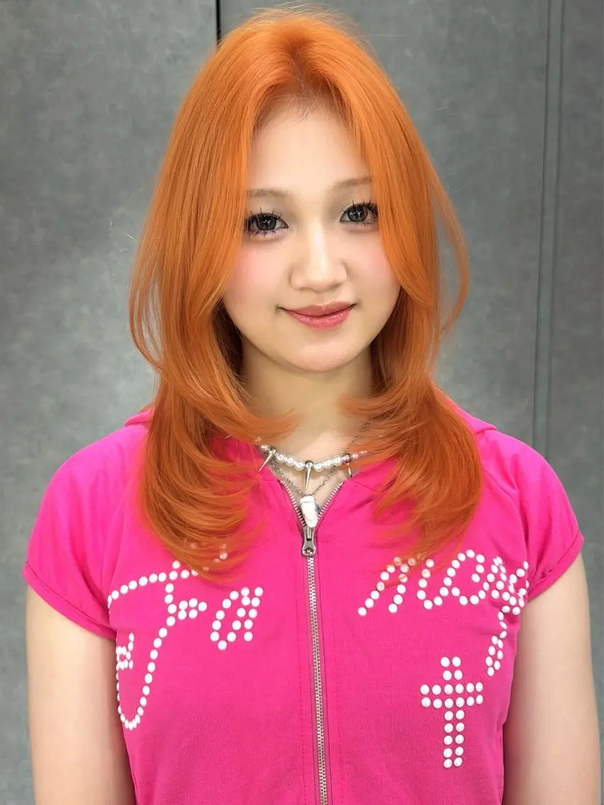 ミディアム カラー ミディアムレイヤー オレンジ レイヤーカット カット ヘアカラー yu-kaハッシュ カット/韓国レイヤーのヘアスタイル