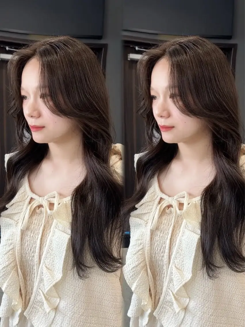 ロング 顔周りカット 韓国風ヘア レイヤーカット カット ヘアカラー トリートメント 顔まわりレイヤー/諒 オリーブカラー/天神のヘアスタイル