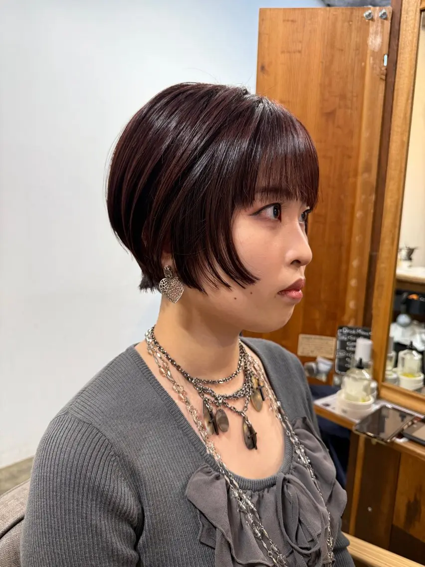 ショート カラー ボルドーカラー カット ヘアカラー トリートメント 【韓国レイヤー特化 ハッシュカット】のヘアスタイル