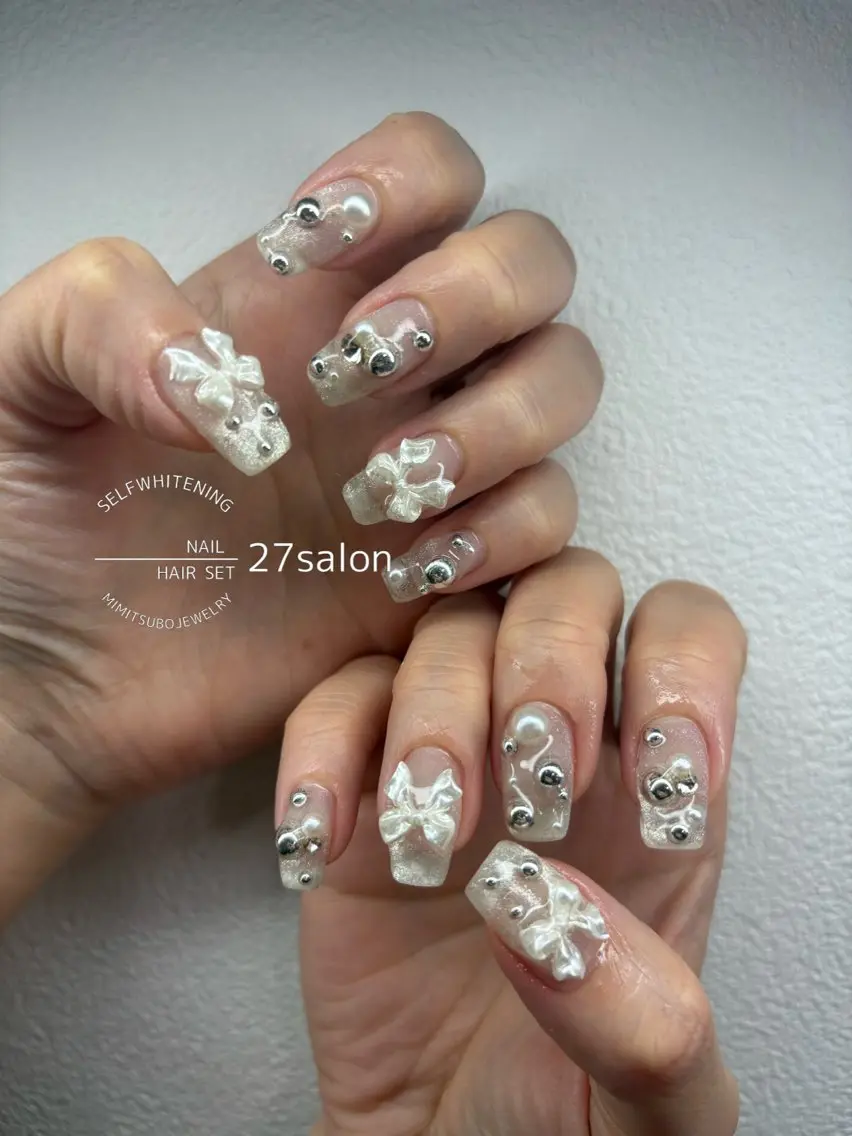 ネイル マグネットネイル リボン シルバー ハンドネイル 27salon yuinaのネイルデザイン