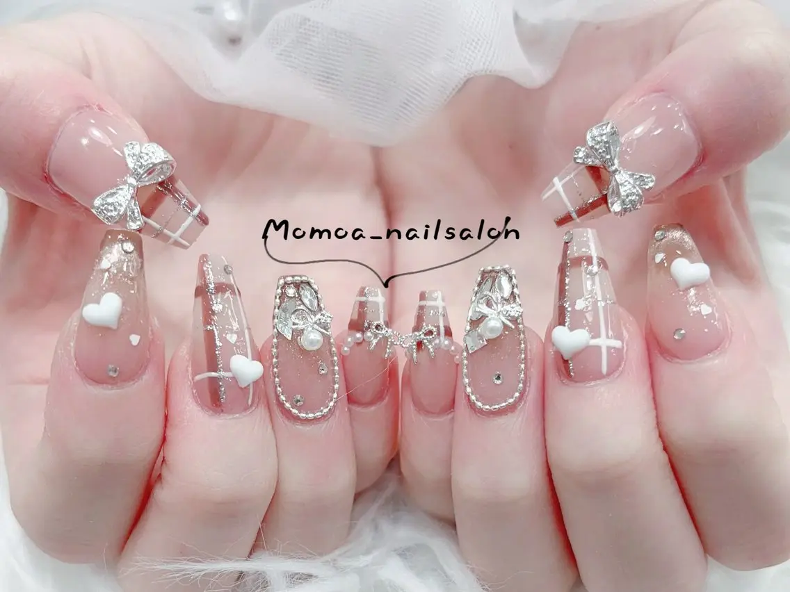 ネイル 成人式 大理石ネイル(マーブル) リボン 夏ネイル ネイルチップ ハンドネイル MoMoA Nail ネイル長さ出し専門店のネイルデザイン