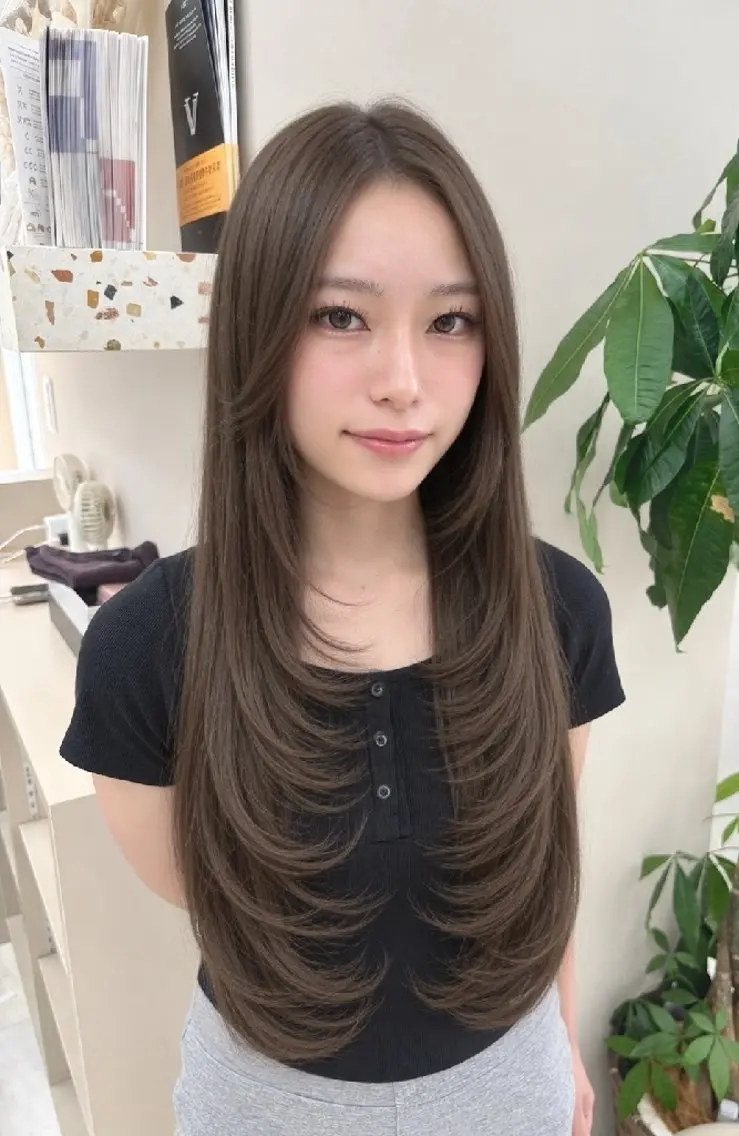 ロング ロングレイヤー レイヤーカット ロング カット ヘアカラー 海外風レイヤー/べー ジュ/天神/てぃあらのヘアスタイル