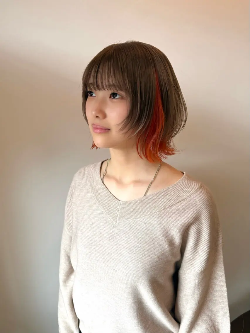 ミディアム カラー ボブレイヤー インナーカラー オレンジ ボブ レイヤーカット カット ヘアカラー fulam/ WATANABEのヘアスタイル