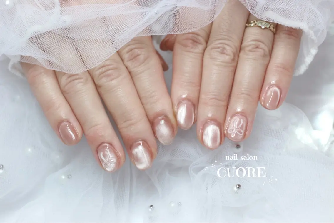 ネイル アートネイル マグネットネイル オフィスネイル ワンカラーネイル リボン ハンドネイル nail salon CUOREのネイルデザイン