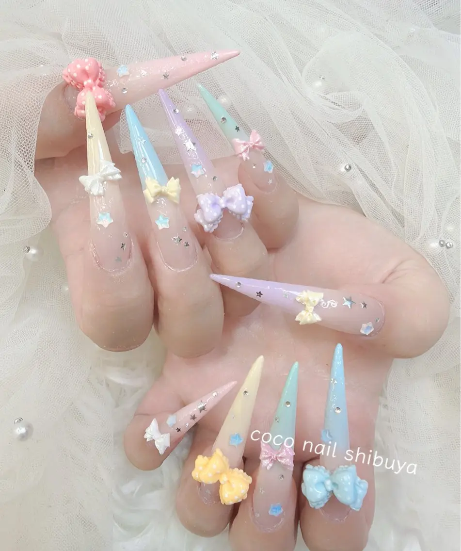 ネイル 成人式 大理石ネイル(マーブル) リボン 夏ネイル ネイルチップ ハンドネイル Mei Salon 長さ出し専門店のネイルデザイン
