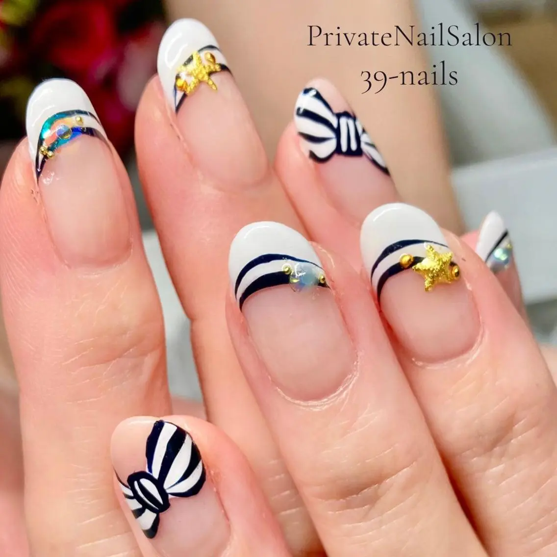 ネイル フレンチネイル ジェルネイル パラジェル リボン 39-nails EharaMikuのネイルデザイン