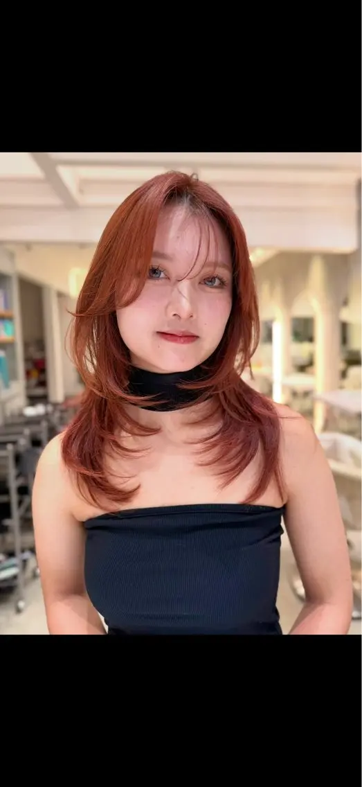 ミディアム カラー ブラウンカラー オレンジ オレンジブラウン レイヤーカット カット ヘアカラー トリートメント レイヤー/顔まわり/ 髪質改善パーマ/川合のヘアスタイル