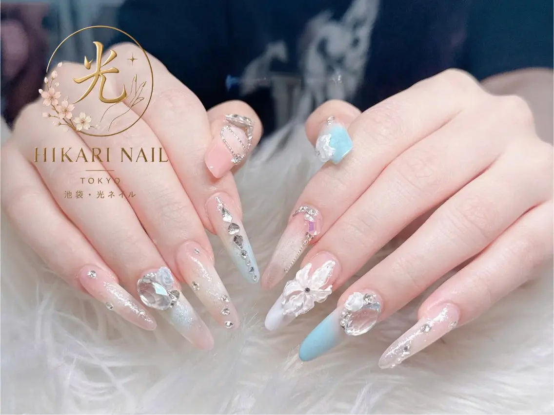 ネイル チークネイル 長さ出し フレンチネイル ガーリー ハート ハンドネイル HikariNail Ikebukuroのネイルデザイン