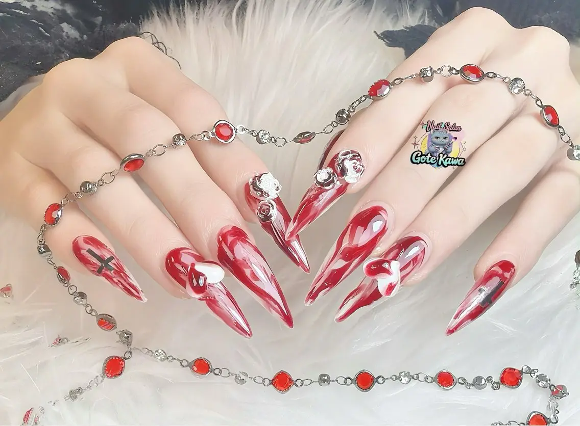 ネイル ハート 大理石ネイル(マーブル) 赤色 ハンドネイル ハンドケア Gote Kawa nail salonのネイルデザイン