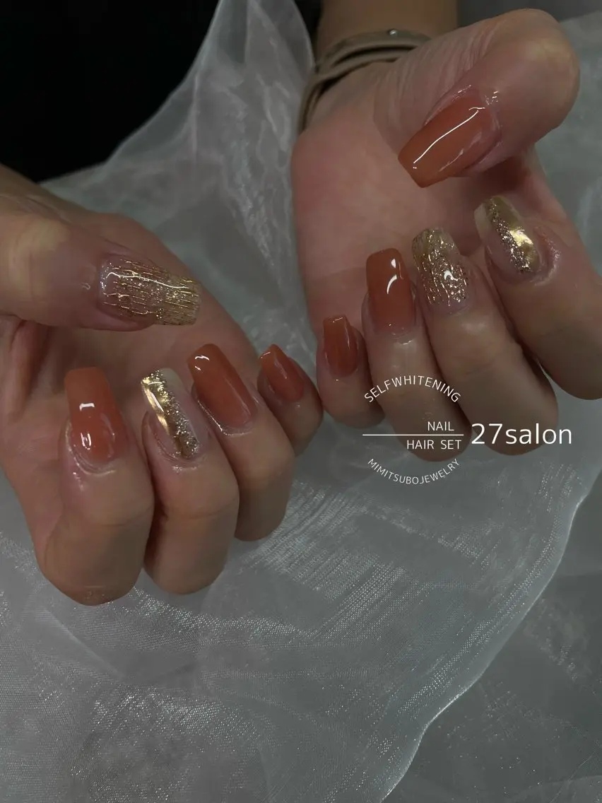 ネイル アートネイル ニュアンスネイル オレンジ ハンドネイル 27salon yuinaのネイルデザイン