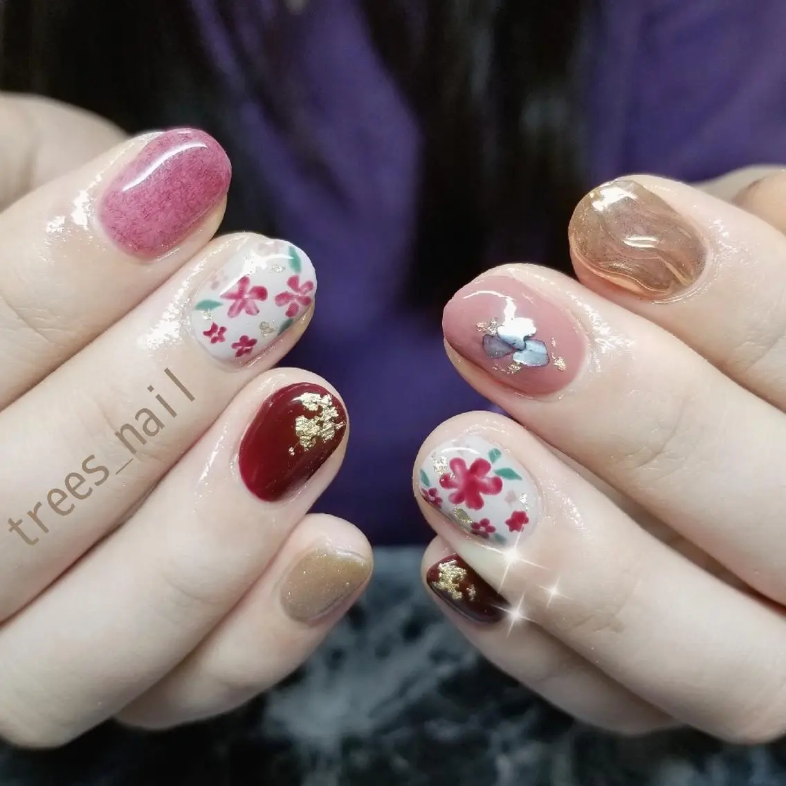 ネイル ボルドー 成人式 フラワーネイル ミラーネイル trees_ nailのネイルデザイン