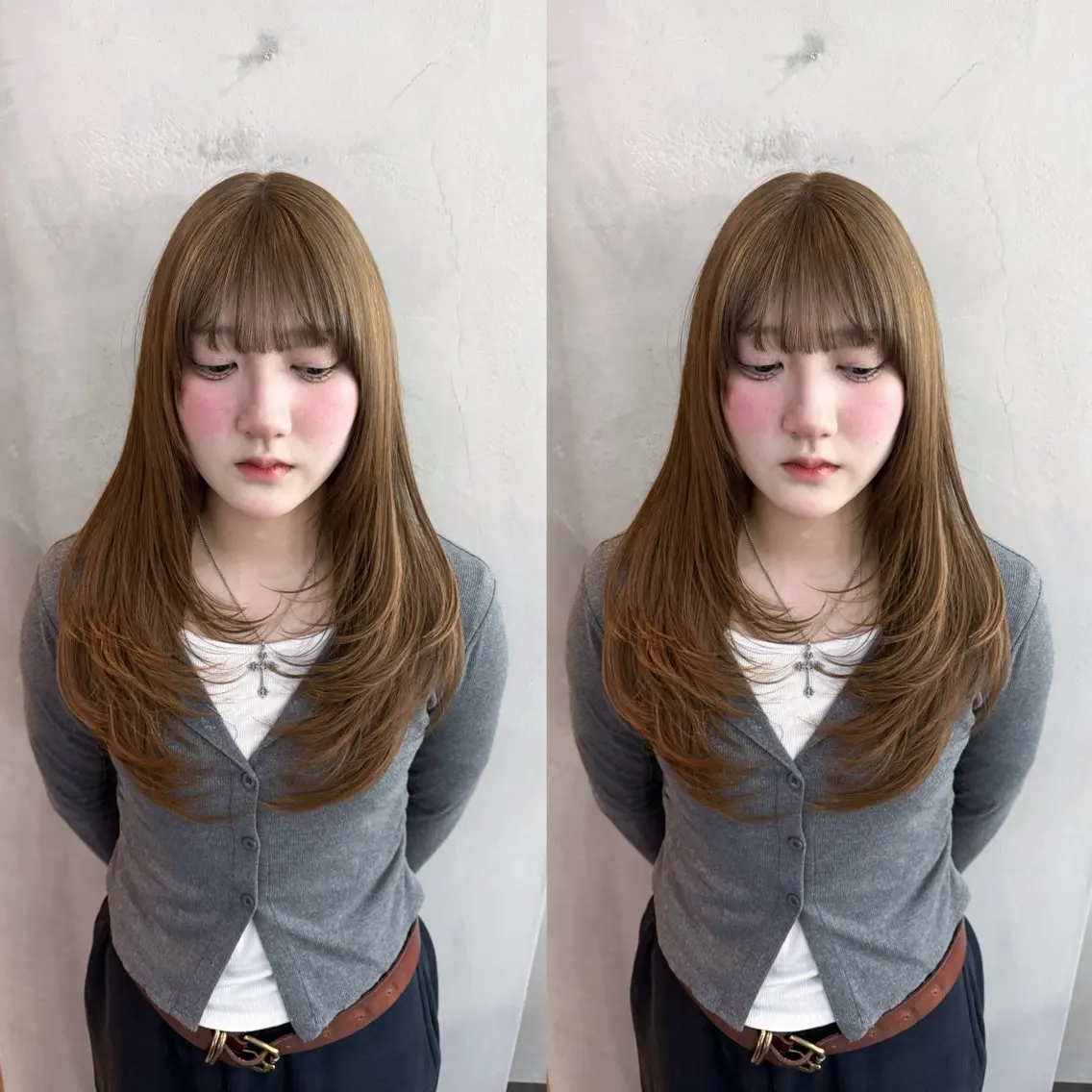 セミロング カラー ベージュカラー ブリーチ ハイレイヤー レイヤーカット ヘアカラー Kurumi🌙韓国 レイヤー/艶感カラーのヘアスタイル
